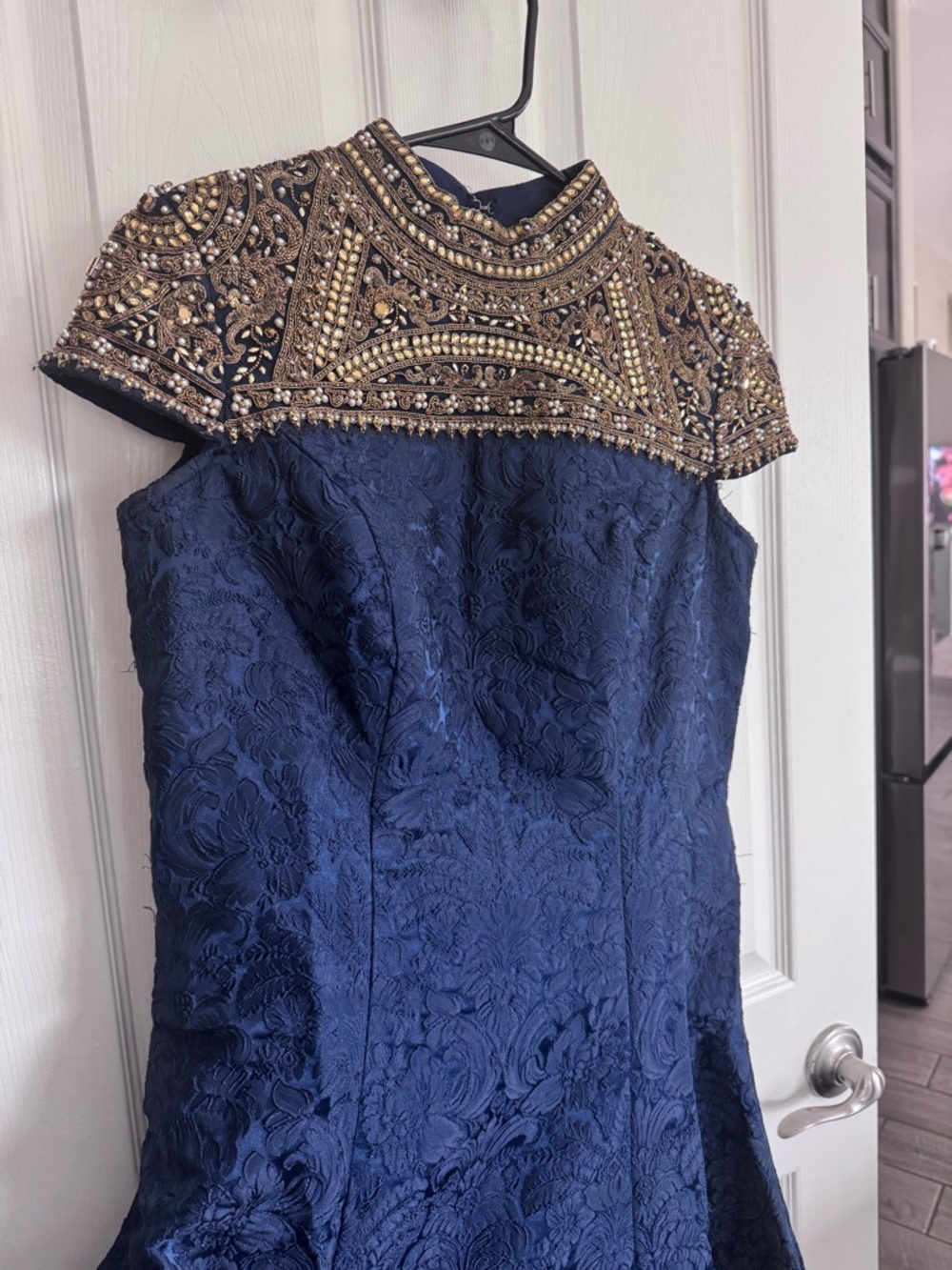 Navy Jacquard Evening Dress with Beaded Gold Collar
